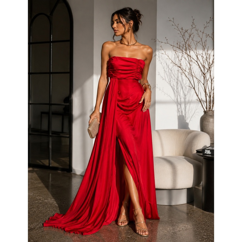 Miss Ord Red Strapless Ruched Maxi Dress High Slit Formal Gown Small NWT